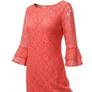 J Howard Coral Pink Floral Lace Bell Sleeve Shift Dress Womens 12 Cocktail Event